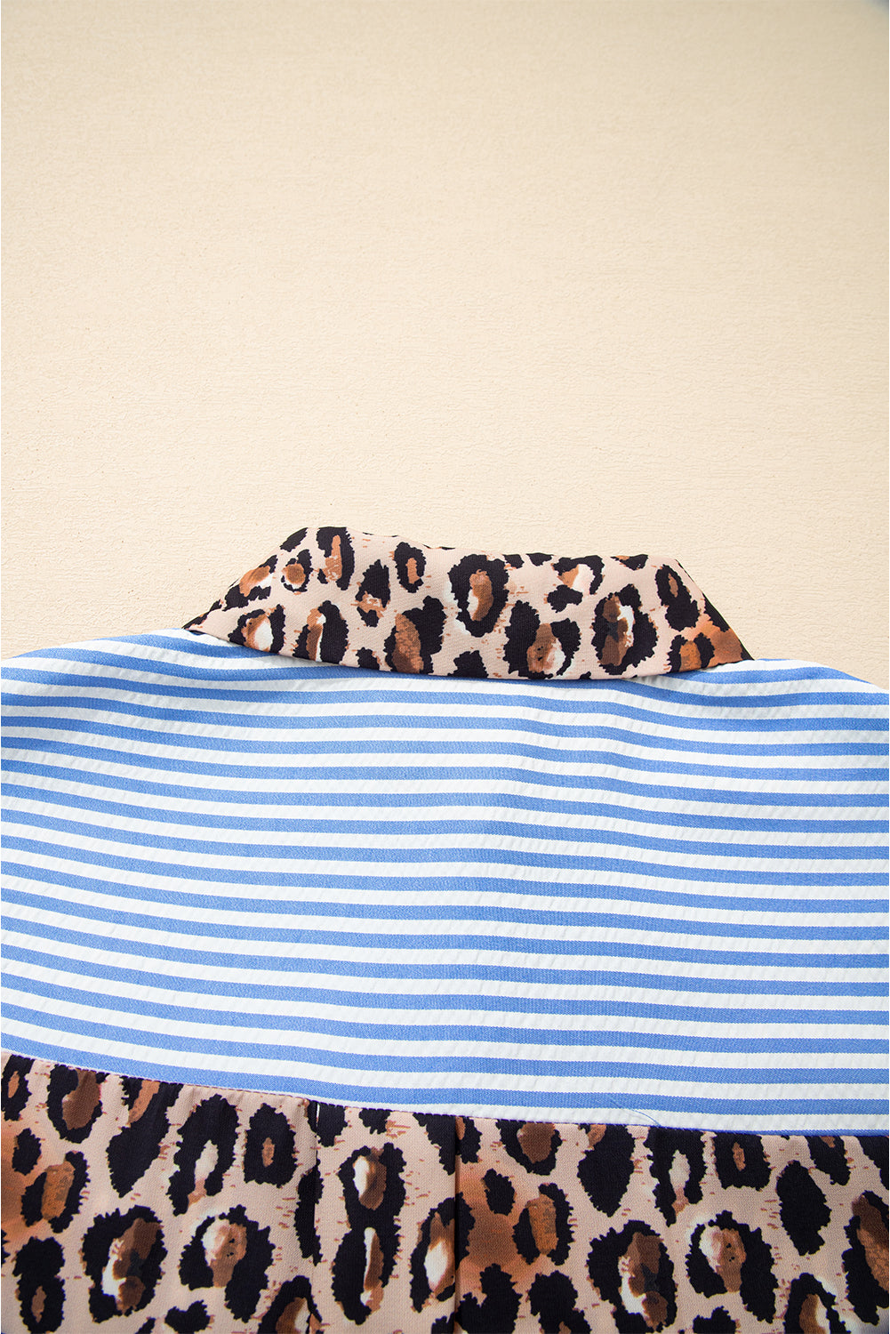 Sky Blue Striped Leopard Print Patchwork Button Up Womens Shirt-Tops/Blouses & Shirts-[Adult]-[Female]-2022 Online Blue Zone Planet