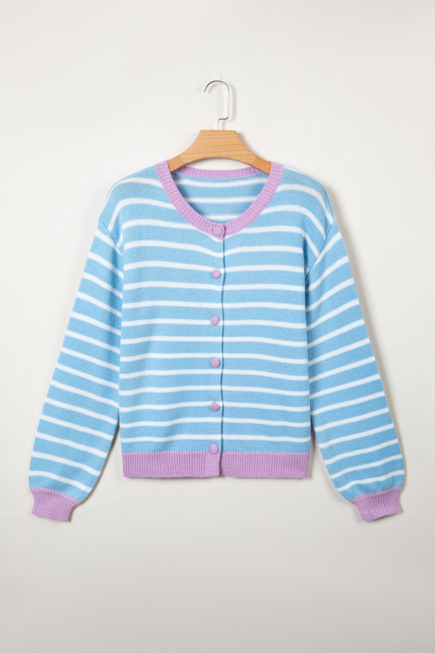 Sky Blue Stripe Contrast Trim Button Down Casual Sweater Cardigan-TOPS / DRESSES-[Adult]-[Female]-2022 Online Blue Zone Planet