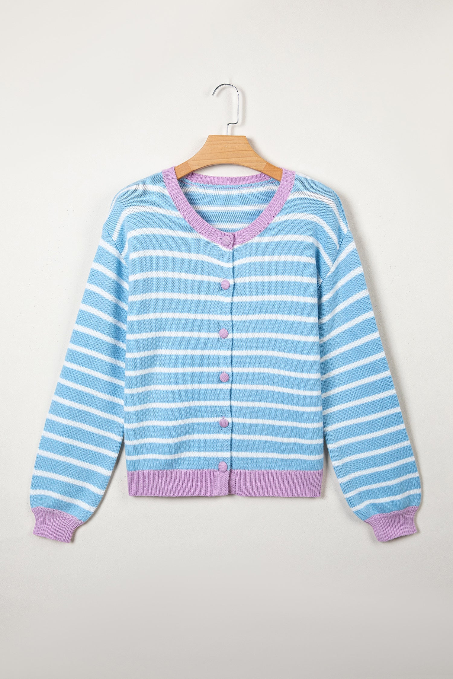 Sky Blue Stripe Contrast Trim Button Down Casual Sweater Cardigan-TOPS / DRESSES-[Adult]-[Female]-2022 Online Blue Zone Planet