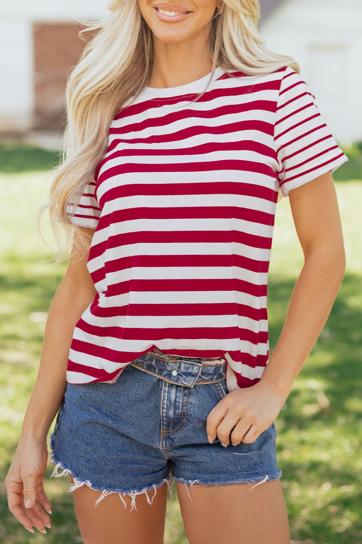 Red Stripe Patchwork Round Neck T Shirt-Tops/Tops & Tees-[Adult]-[Female]-2022 Online Blue Zone Planet