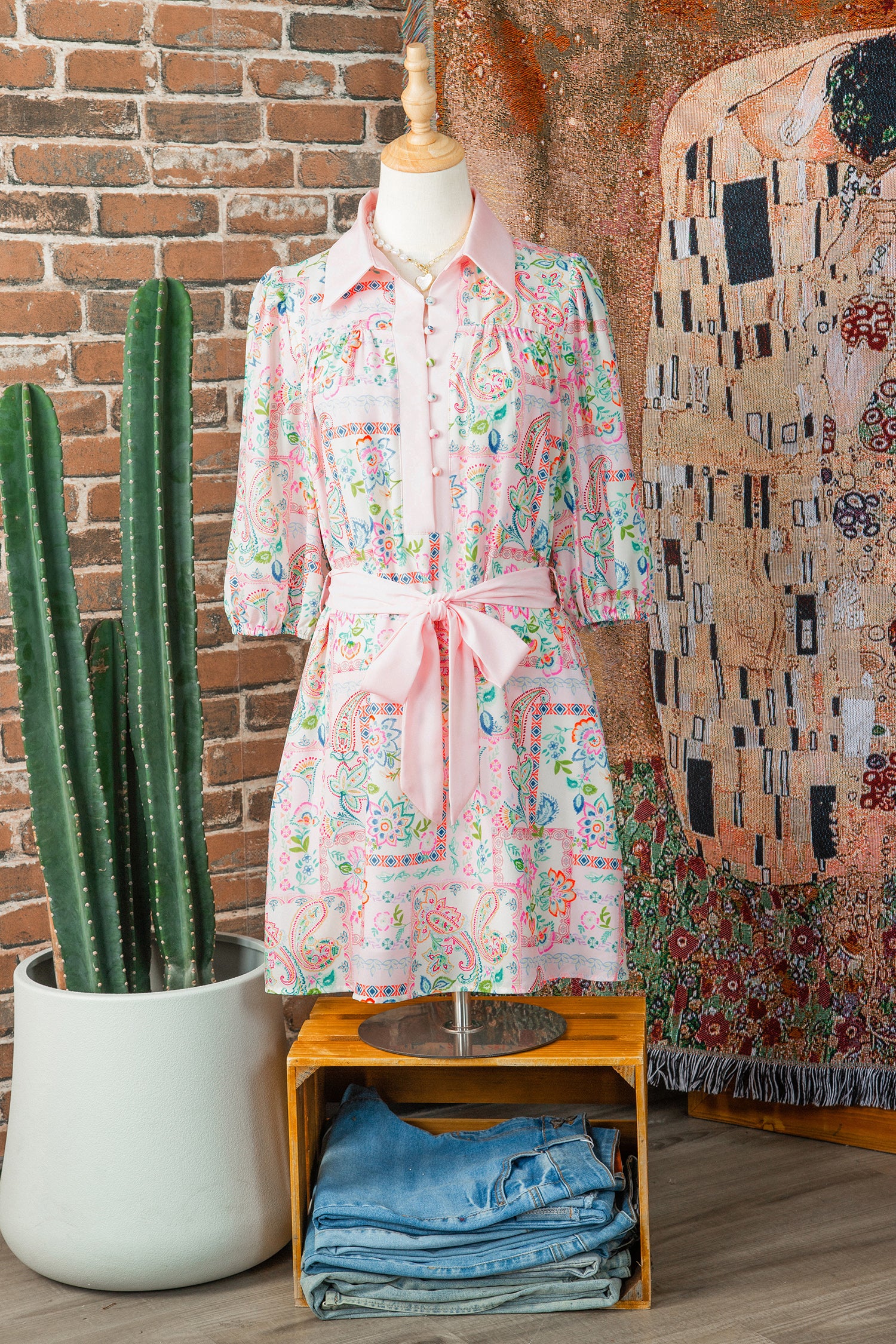Pink Boho Floral Print Color Block Trim Half Button Belted Mini Dress-TOPS / DRESSES-[Adult]-[Female]-2022 Online Blue Zone Planet