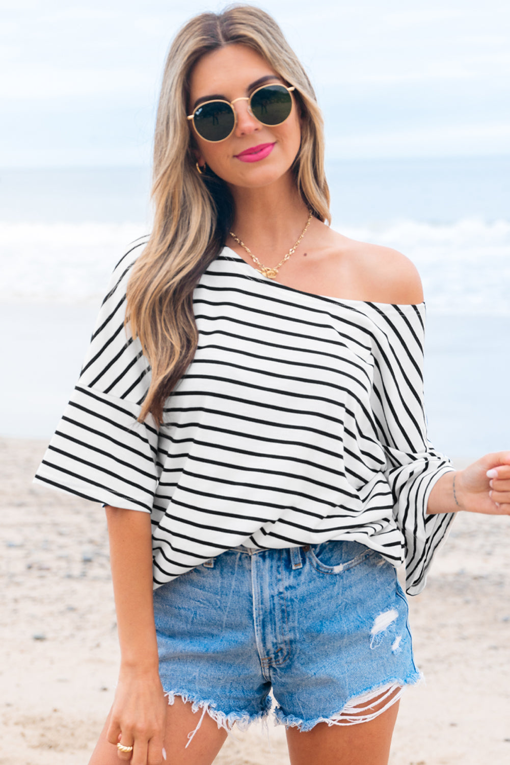 Black Stripe Half Sleeve Scoop Neck Loose Top-Tops/Tops & Tees-[Adult]-[Female]-Black Stripe-S-2022 Online Blue Zone Planet