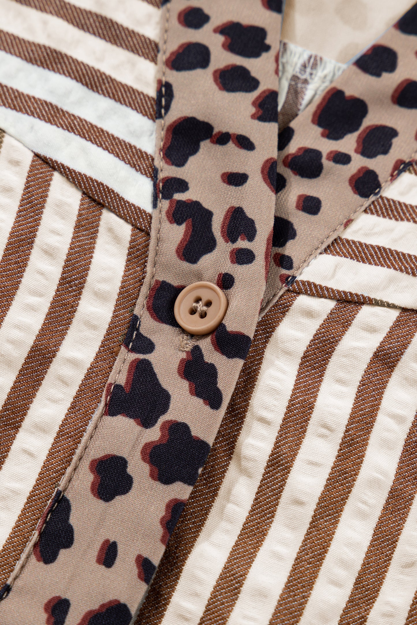 Brown Stripe Leopard Trim V Neck Button Down Half Sleeve Shirt-Tops/Blouses & Shirts-[Adult]-[Female]-2022 Online Blue Zone Planet