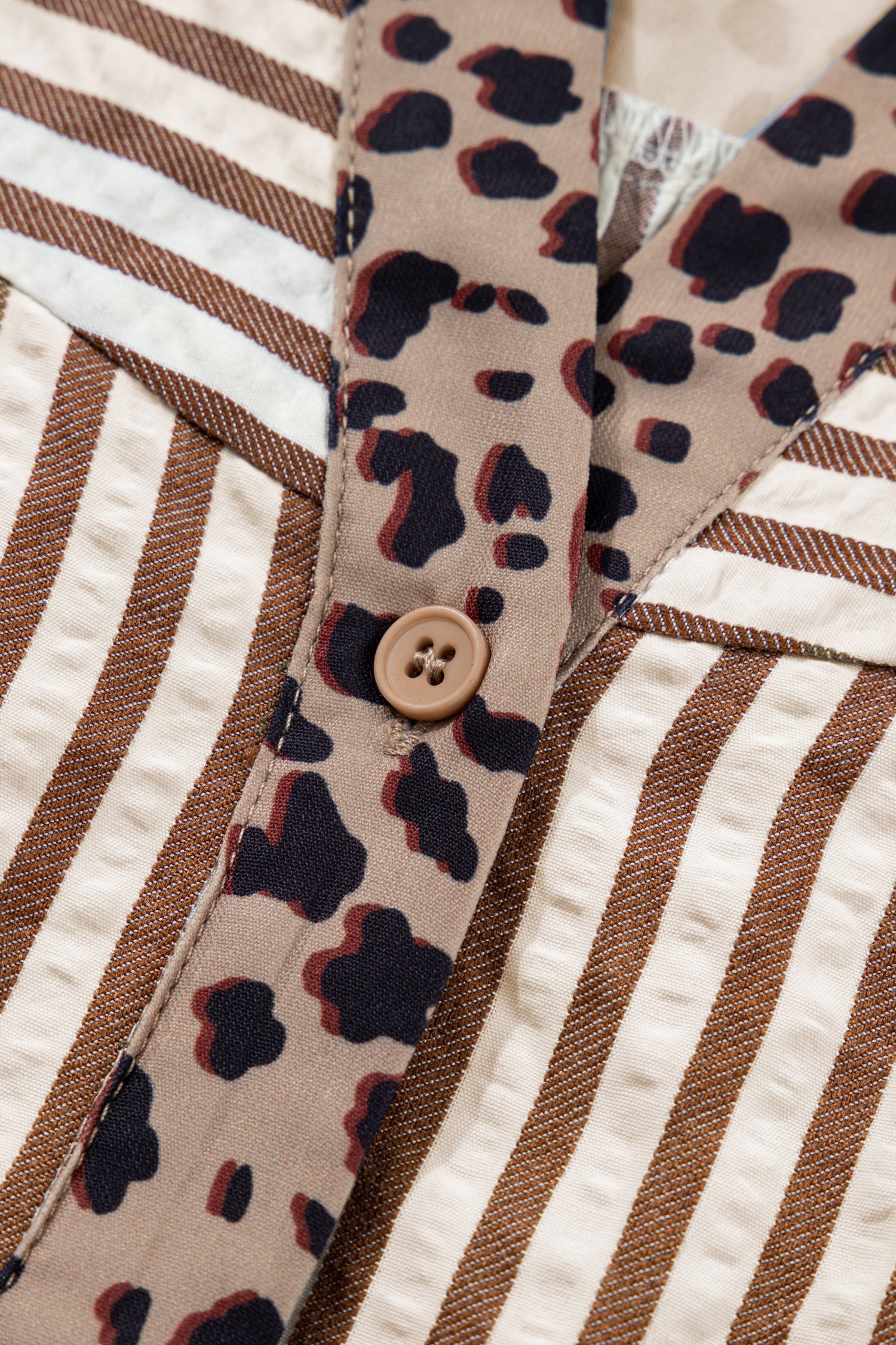 Brown Stripe Leopard Trim V Neck Button Down Half Sleeve Shirt-Tops/Blouses & Shirts-[Adult]-[Female]-2022 Online Blue Zone Planet