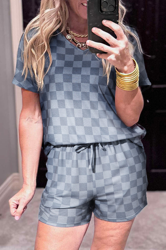 Gray Checkered V Neck Tee Drawstring Shorts Lounge Set-Loungewear & Sleepwear/Loungewear-[Adult]-[Female]-Gray-S-2022 Online Blue Zone Planet