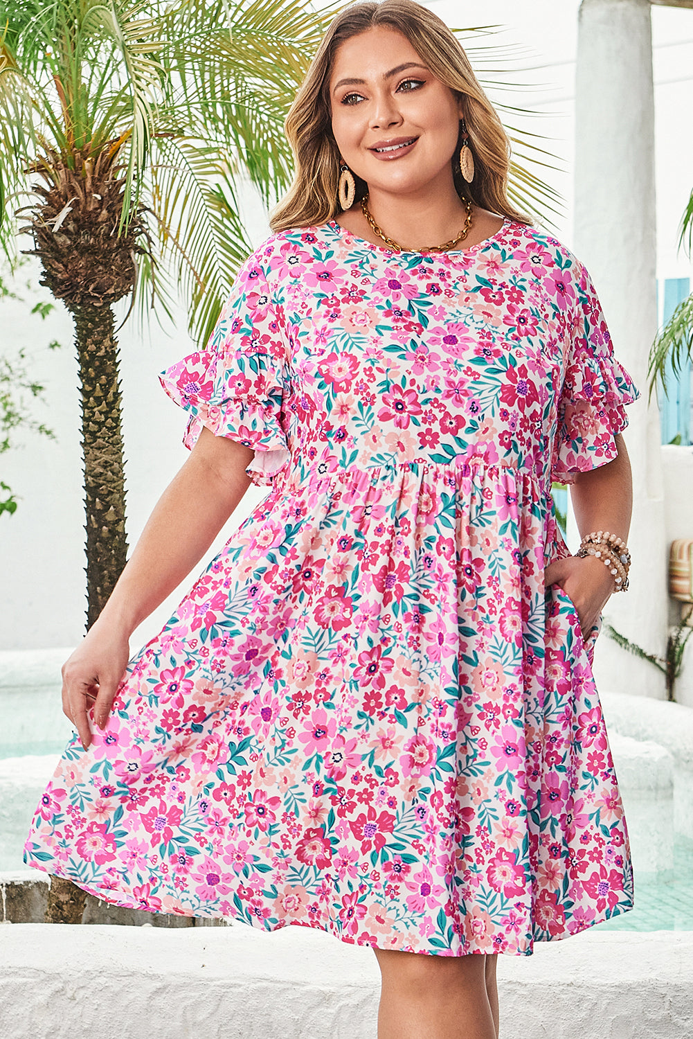 White Plus Size Floral Print Frilled Short Sleeve Flare Dress-TOPS / DRESSES-[Adult]-[Female]-2022 Online Blue Zone Planet