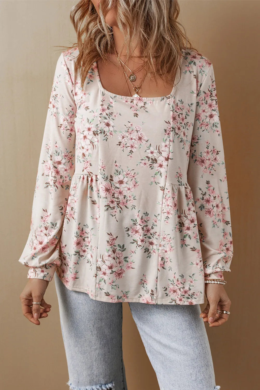 Printed Square Neck Long Sleeve Blouse-TOPS / DRESSES-[Adult]-[Female]-2022 Online Blue Zone Planet