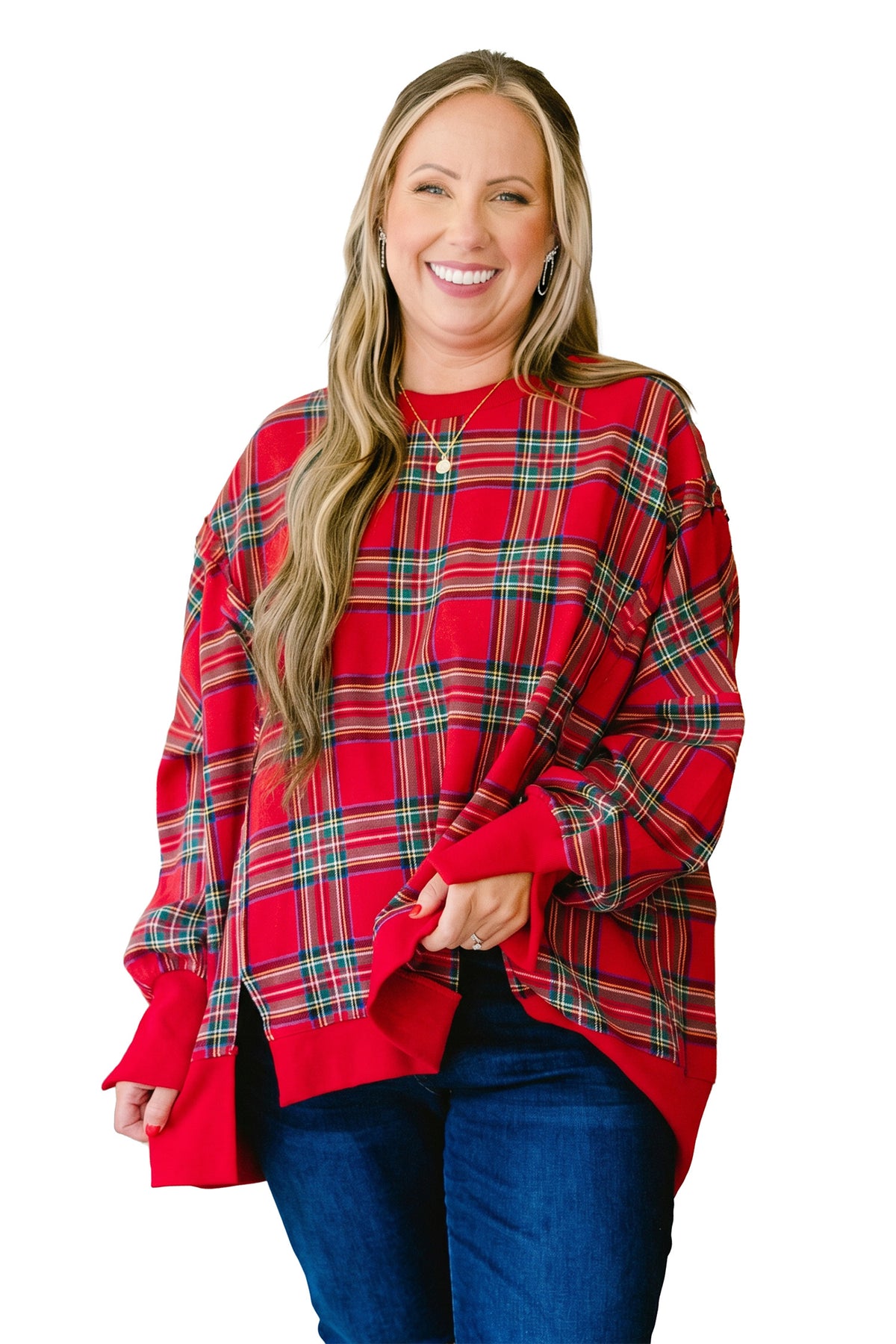 Red Plus Size Festive Plaid Long Sleeve Split Tunic Sweatshirt