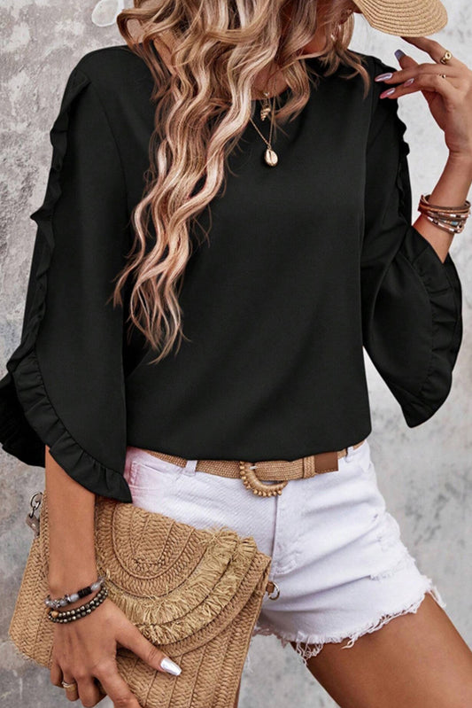 Black Ruffle Trimmed 3/4 Sleeve Round Neck Blouse-Tops/Blouses & Shirts-[Adult]-[Female]-Black-S-2022 Online Blue Zone Planet
