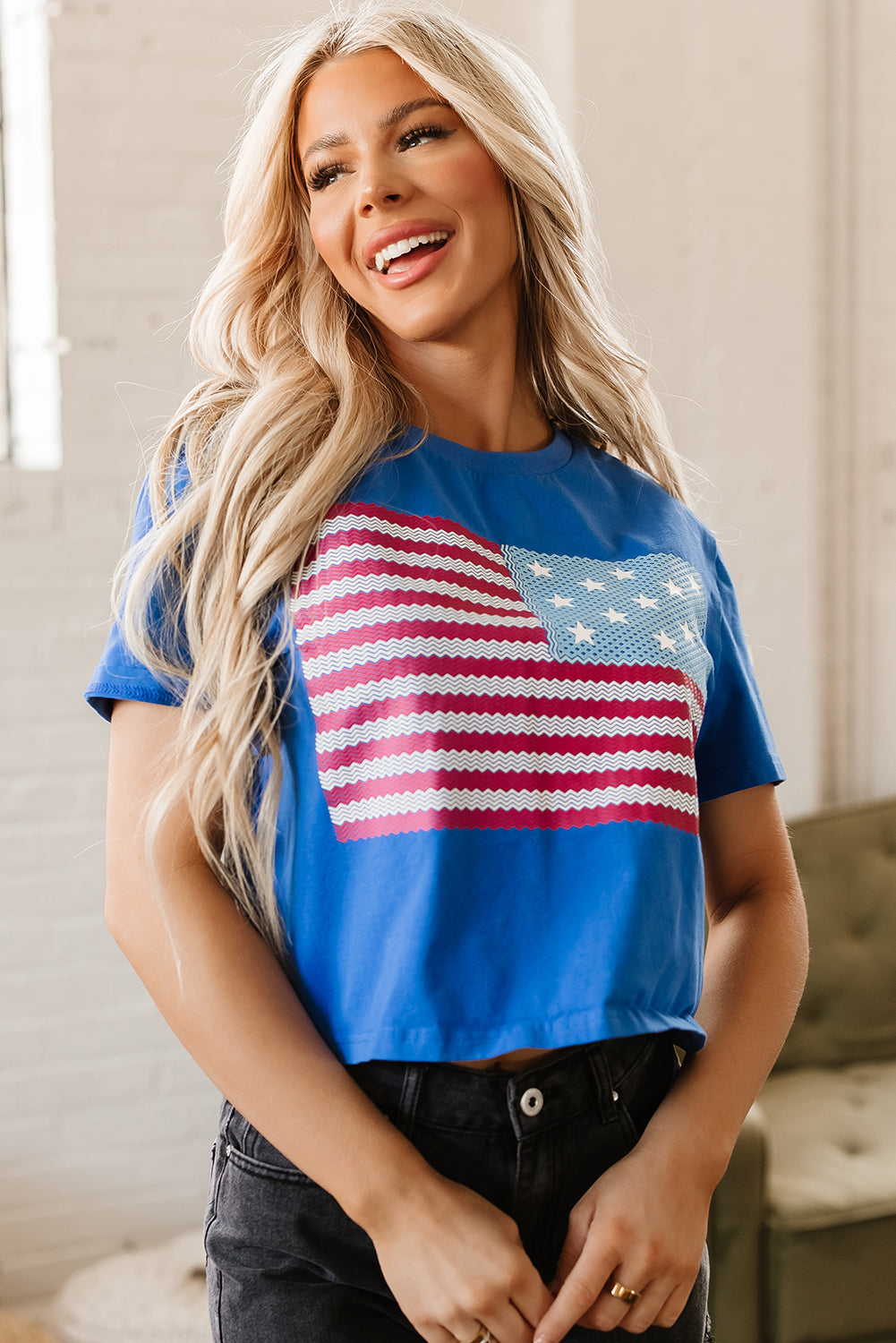 Real Teal American Flag Pattern Crewneck Tee-Graphic/Graphic Tees-[Adult]-[Female]-2022 Online Blue Zone Planet