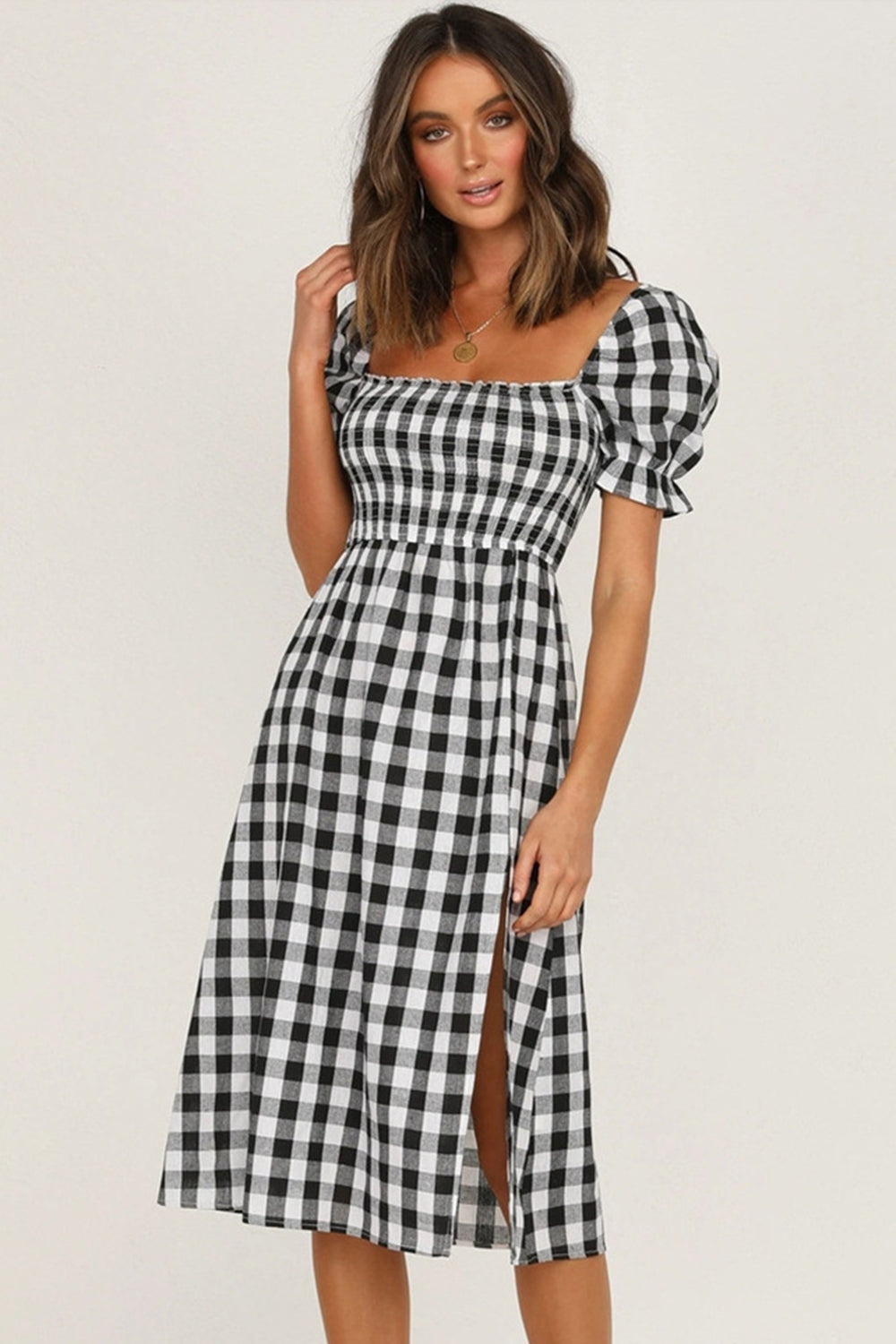 Full Size Slit Plaid Short Sleeve Midi Dress-TOPS / DRESSES-[Adult]-[Female]-2022 Online Blue Zone Planet