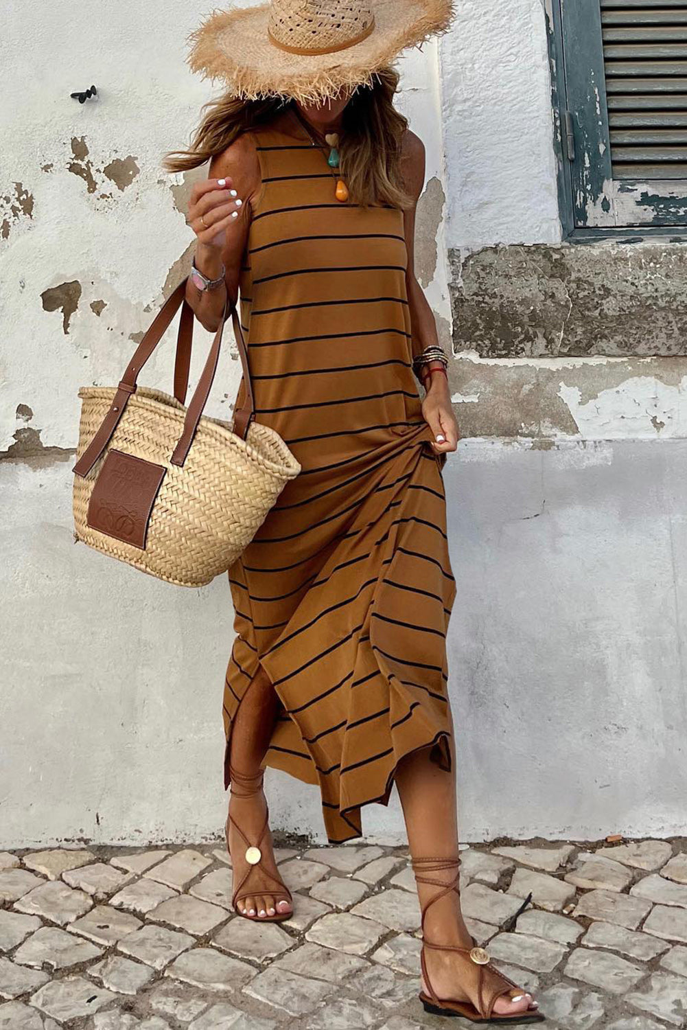 Blue Zone Planet | Brown Stripe Print Open Back Sleeveless Maxi Dress with Slits-TOPS / DRESSES-[Adult]-[Female]-2022 Online Blue Zone Planet