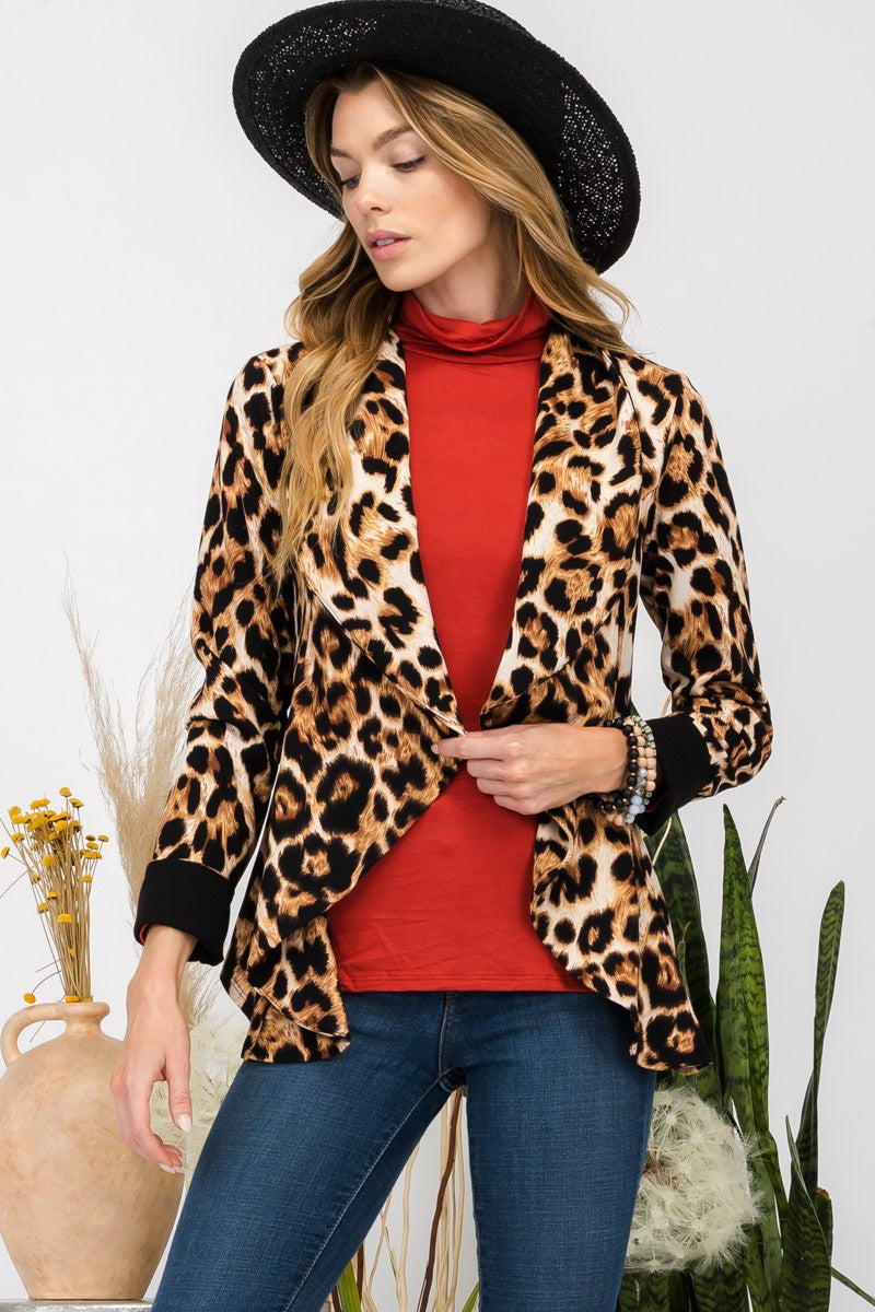 Celeste Full Size Leopard Open Front Long Sleeve Blazer-TOPS / DRESSES-[Adult]-[Female]-2022 Online Blue Zone Planet