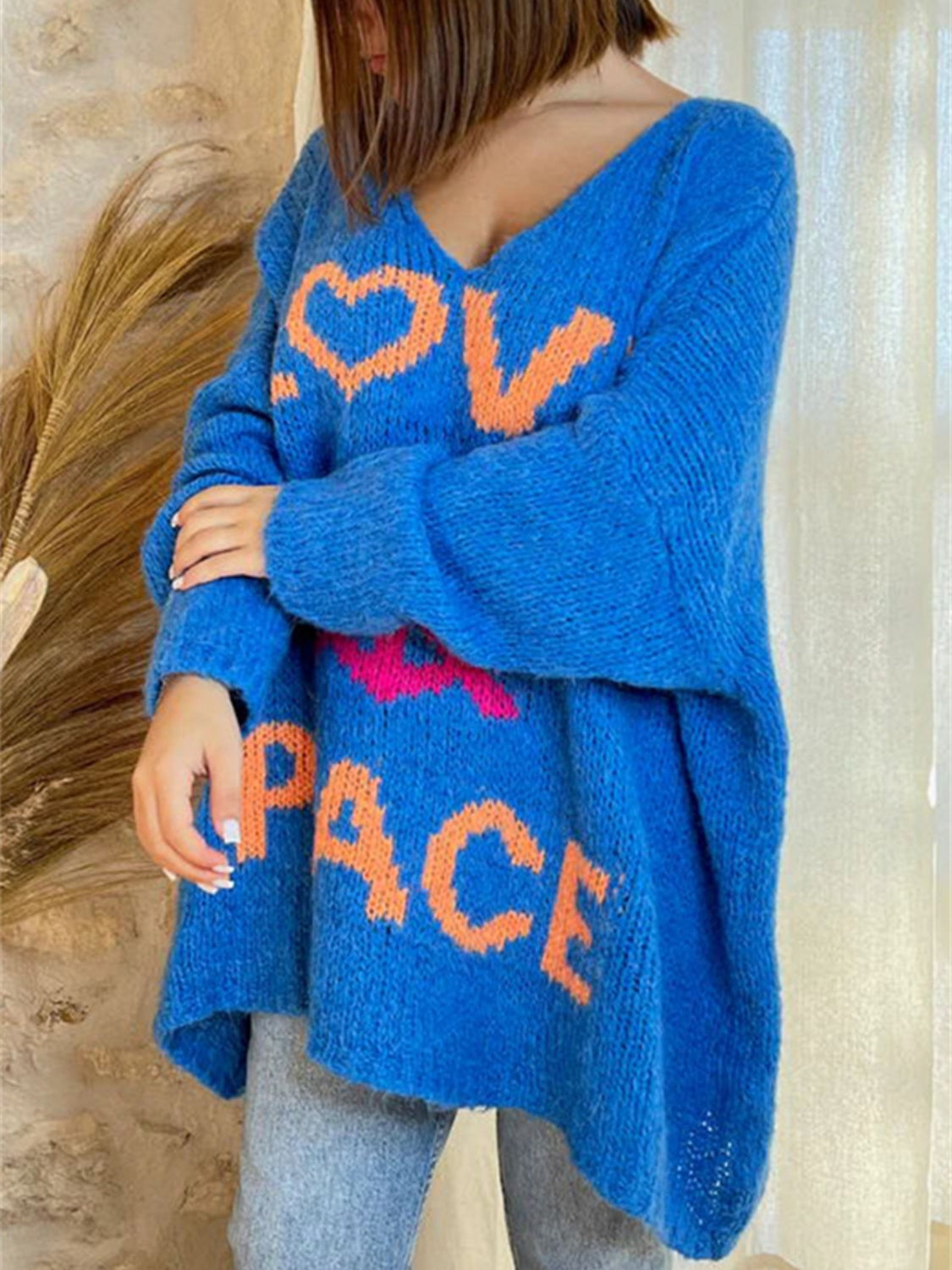 Peace Graphic V-Neck Long Sleeve Sweater-TOPS / DRESSES-[Adult]-[Female]-2022 Online Blue Zone Planet