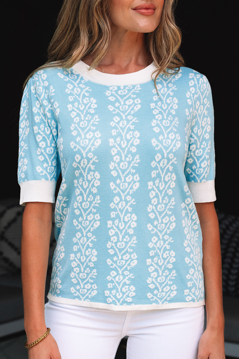 Sky Blue Contrast Floral Crewneck Short Sleeve Sweater-TOPS / DRESSES-[Adult]-[Female]-2022 Online Blue Zone Planet