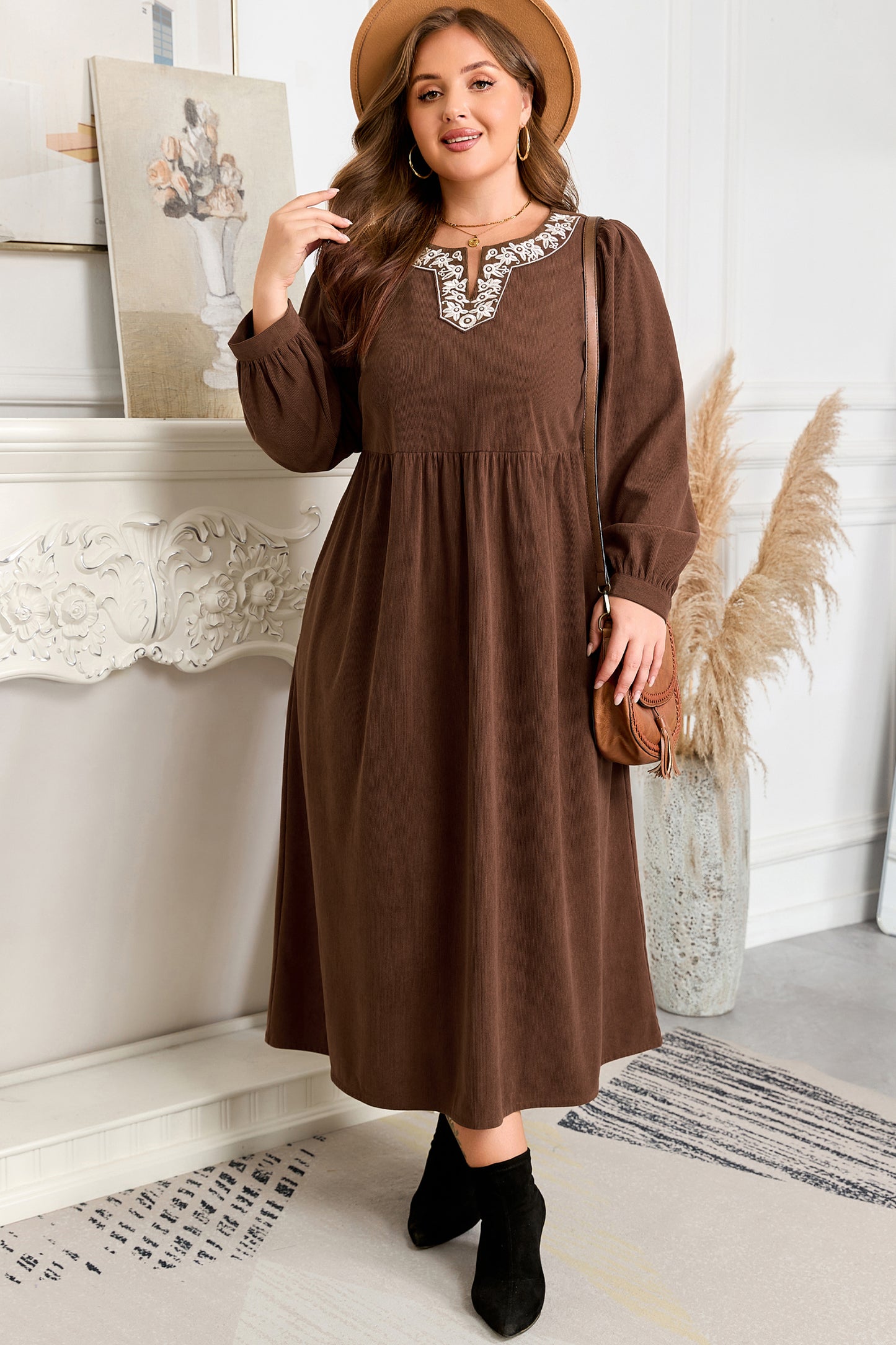 Coffee Embroidered Notched Neckline Textured Pleated High Waist Plus Size Midi Dress-TOPS / DRESSES-[Adult]-[Female]-2022 Online Blue Zone Planet