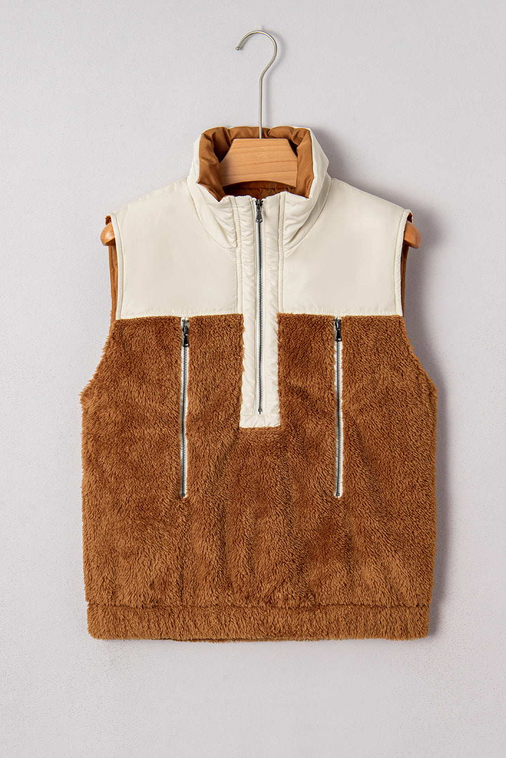 Chestnut Color Block Plush Patchwork Zipper Stand Neck Vest-Outerwear/Vests-[Adult]-[Female]-2022 Online Blue Zone Planet