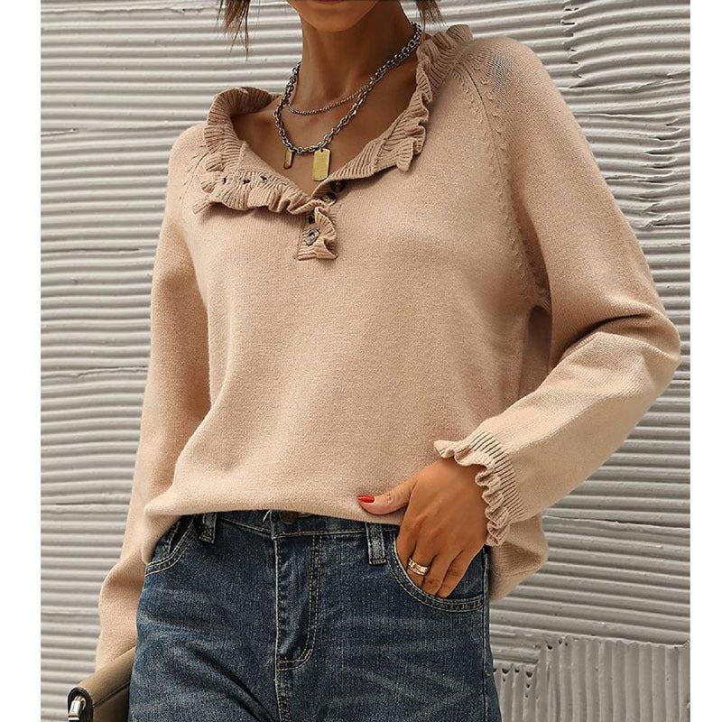 Women's Knitted Casual Long Sleeve Button Ruffle Pullover Sweater-[Adult]-[Female]-Khaki-S-2022 Online Blue Zone Planet