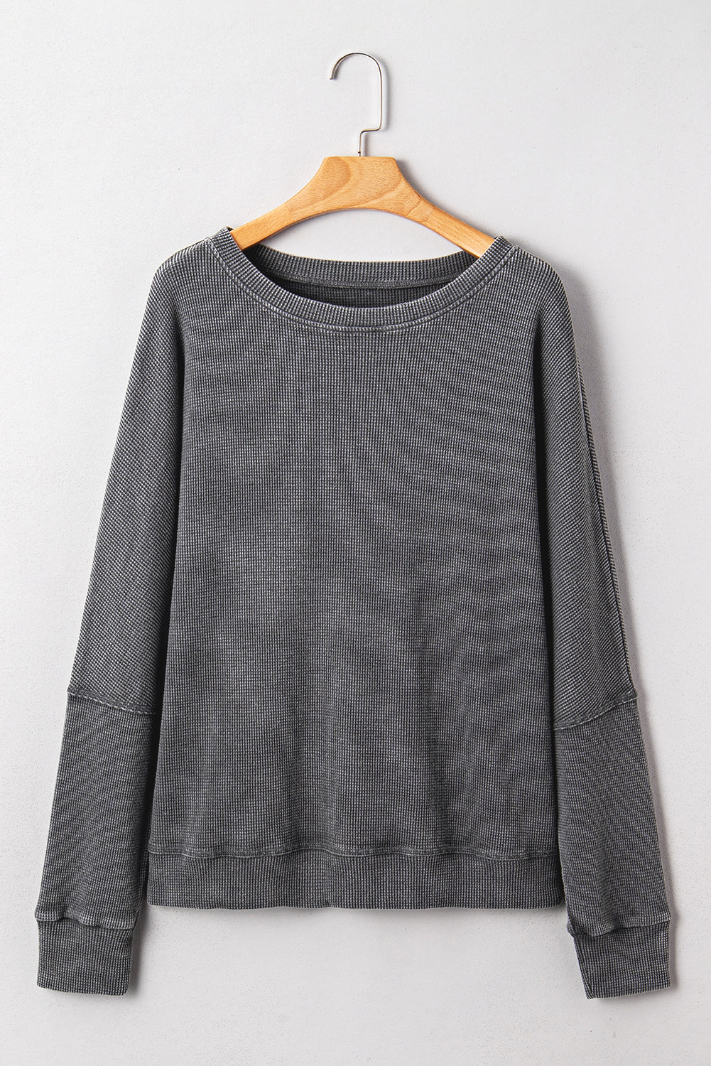 Dark Grey Waffle Knit Patchwork Long Sleeve Loose Top-Tops/Long Sleeve Tops-[Adult]-[Female]-2022 Online Blue Zone Planet