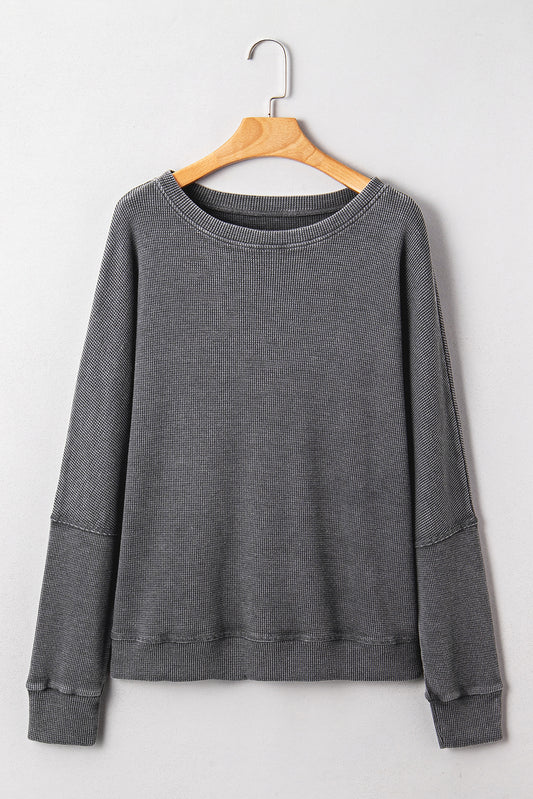 Dark Grey Waffle Knit Patchwork Long Sleeve Loose Top-Tops/Long Sleeve Tops-[Adult]-[Female]-2022 Online Blue Zone Planet