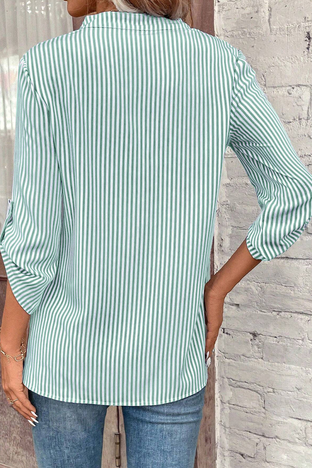 Green Stripe V Neck Roll Up Sleeve Pocket Patched Classic Shirt-Tops/Blouses & Shirts-[Adult]-[Female]-2022 Online Blue Zone Planet