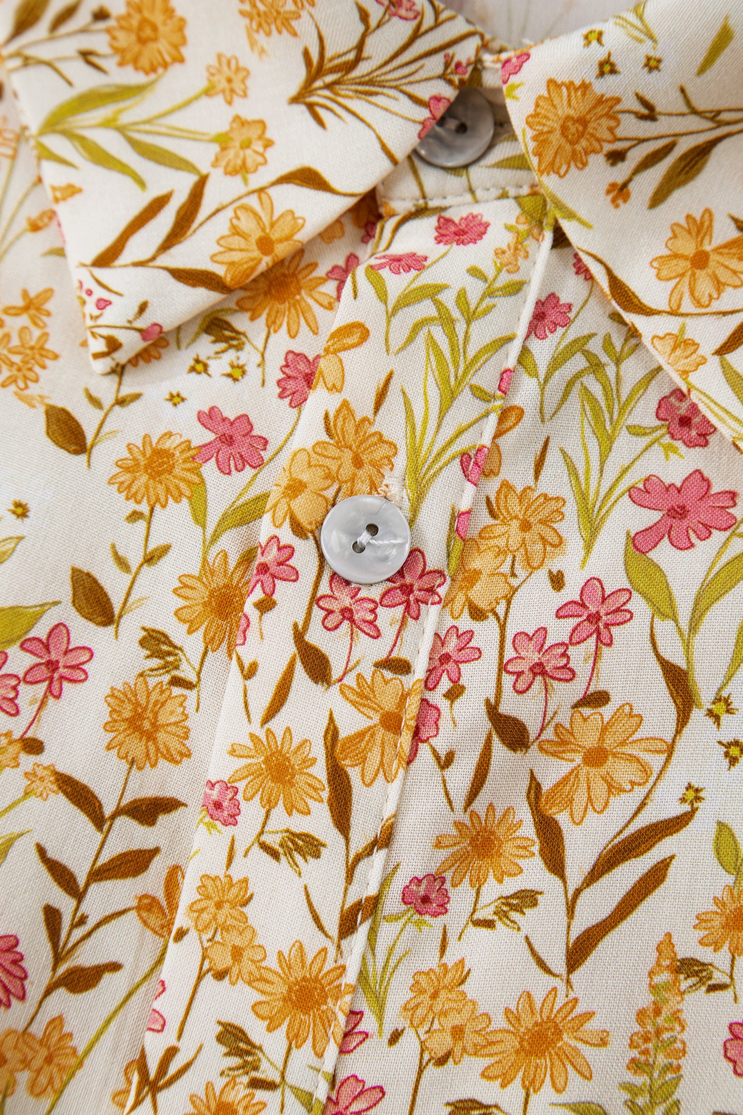 Yellow Floral Print Frilly Trim Smocked Cuff Long Sleeve Loose Shirt Dress-TOPS / DRESSES-[Adult]-[Female]-2022 Online Blue Zone Planet