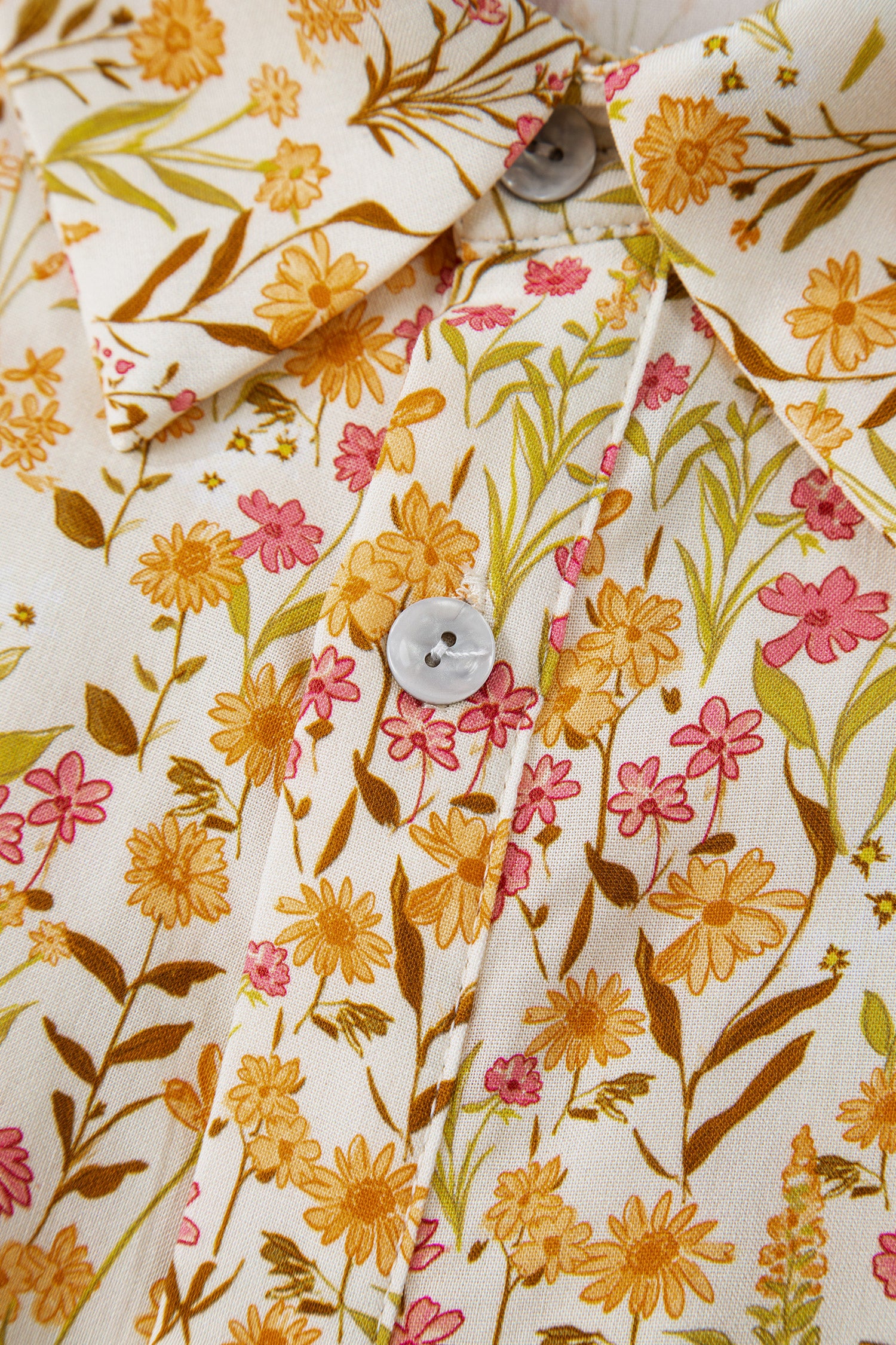 Yellow Floral Print Frilly Trim Smocked Cuff Long Sleeve Loose Shirt Dress-TOPS / DRESSES-[Adult]-[Female]-2022 Online Blue Zone Planet