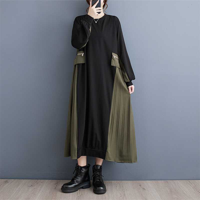 Laura's Elegant Long Sleeve Pleated Maxi Dress-TOPS / DRESSES-[Adult]-[Female]-Black with green-One Size-2022 Online Blue Zone Planet