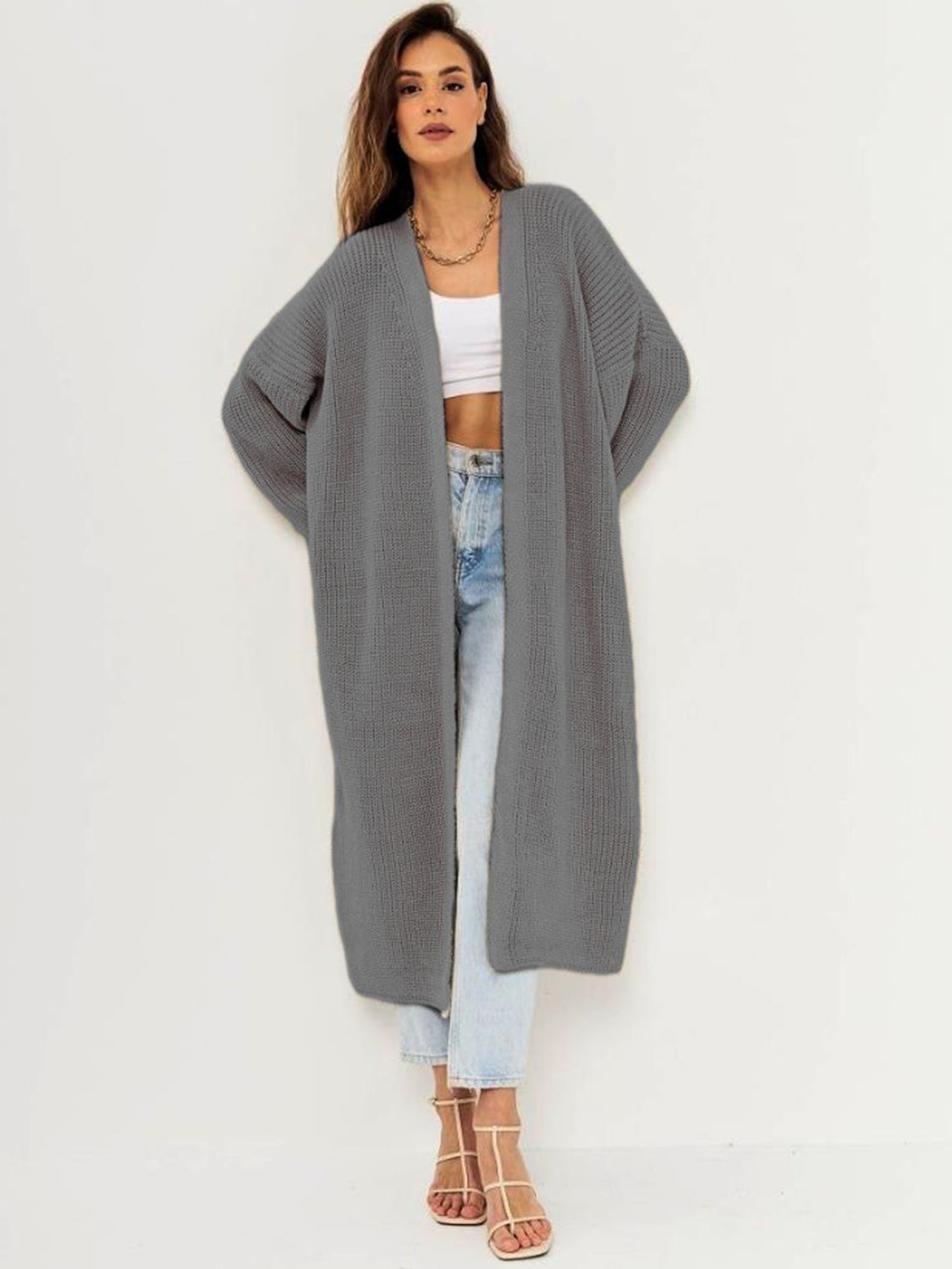 Open Front Long Sleeve Longline Cardigan-TOPS / DRESSES-[Adult]-[Female]-Gray-One Size-2022 Online Blue Zone Planet