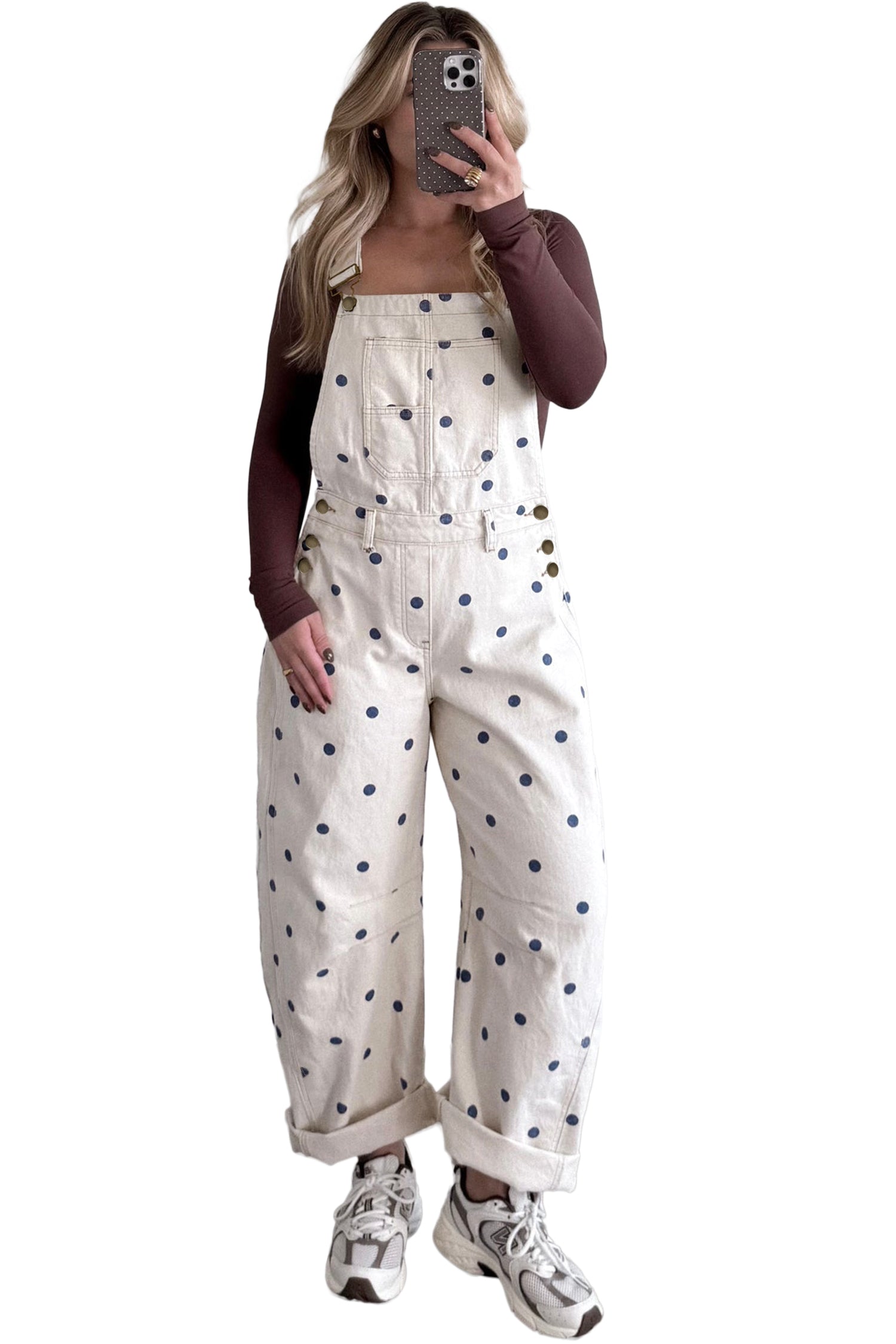 Jet Stream Polka Dot Print Bib Pocket Denim Barrel Overalls Jumpsuit-Bottoms/Jumpsuits & Rompers-[Adult]-[Female]-2022 Online Blue Zone Planet