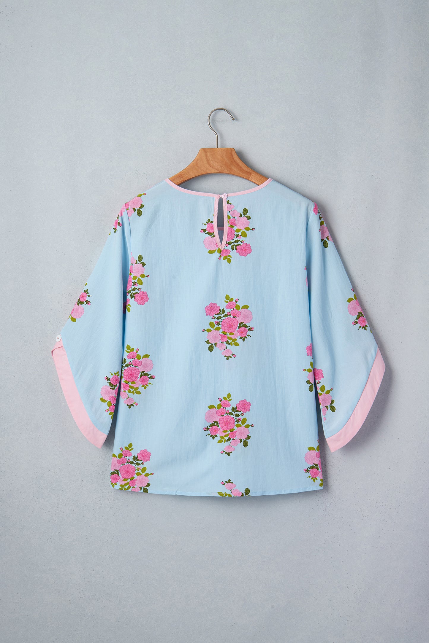 Sky Blue Floral Print Button Cuffed 3/4 Sleeve Round Neck Blouse-Tops/Blouses & Shirts-[Adult]-[Female]-2022 Online Blue Zone Planet