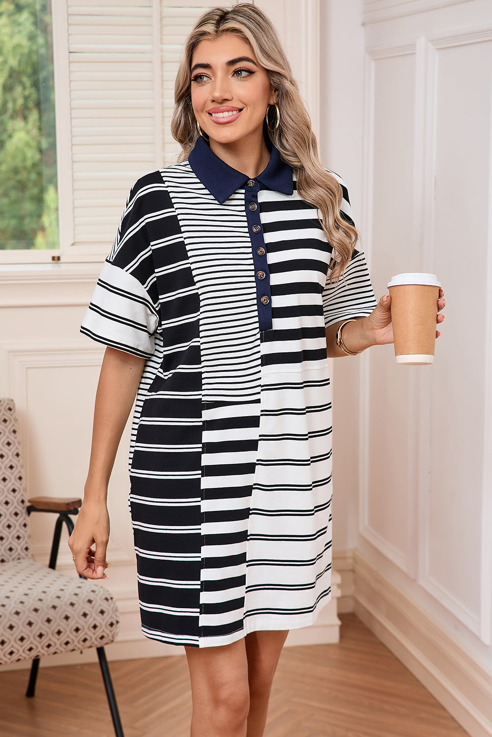 Blue Zone Planet | Black Striped Patchwork Collared Mini Dress-TOPS / DRESSES-[Adult]-[Female]-2022 Online Blue Zone Planet