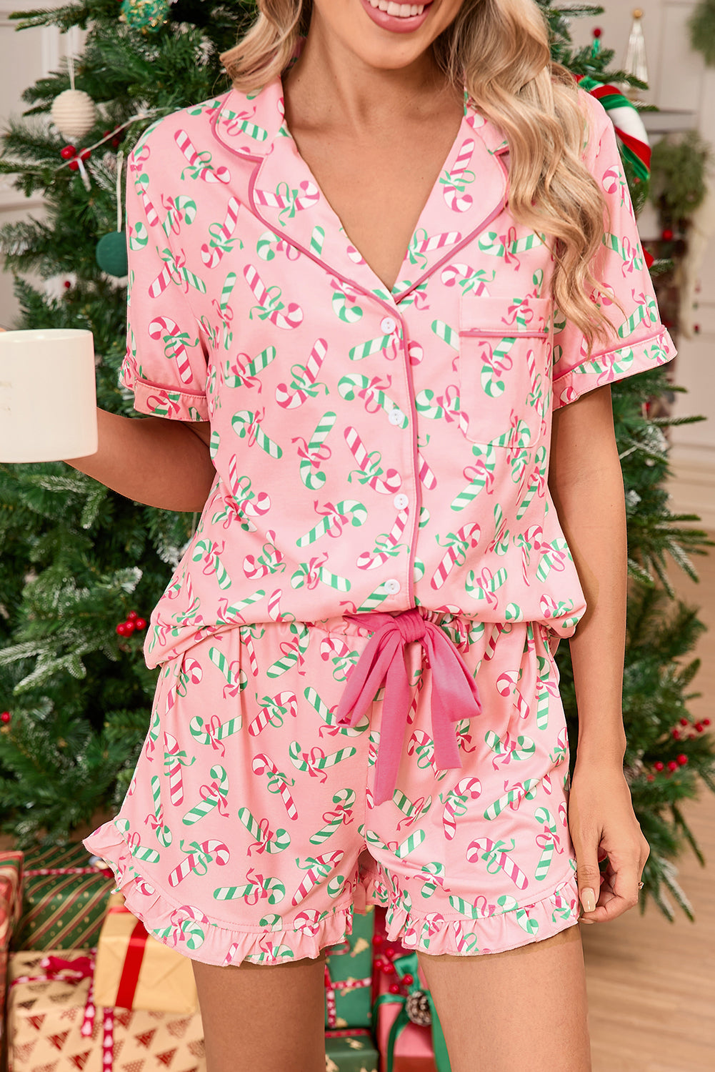 Red Christmas Candy Cane Print Pajama Set-Loungewear Set-[Adult]-[Female]-Pink-S-2022 Online Blue Zone Planet