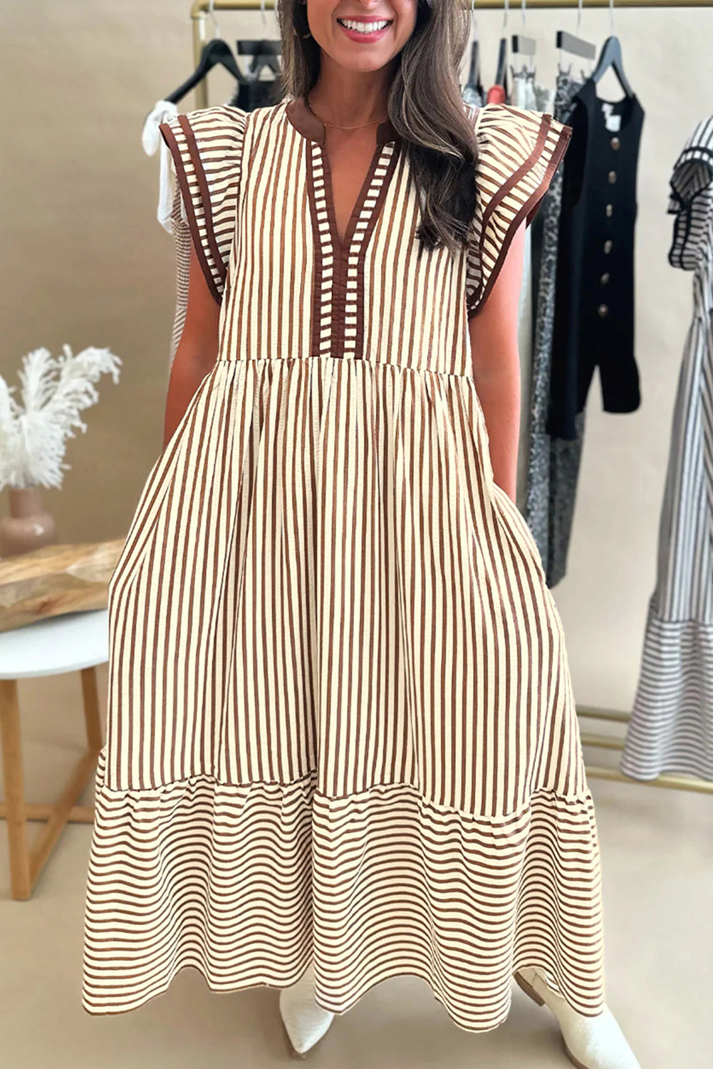 Brown Stripe Double Ruffled Short Sleeve Contrast Trim V Neck Midi Dress-TOPS / DRESSES-[Adult]-[Female]-Brown Stripe-S-2022 Online Blue Zone Planet