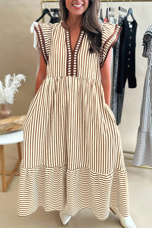 Brown Stripe Double Ruffled Short Sleeve Contrast Trim V Neck Midi Dress-TOPS / DRESSES-[Adult]-[Female]-Brown Stripe-S-2022 Online Blue Zone Planet