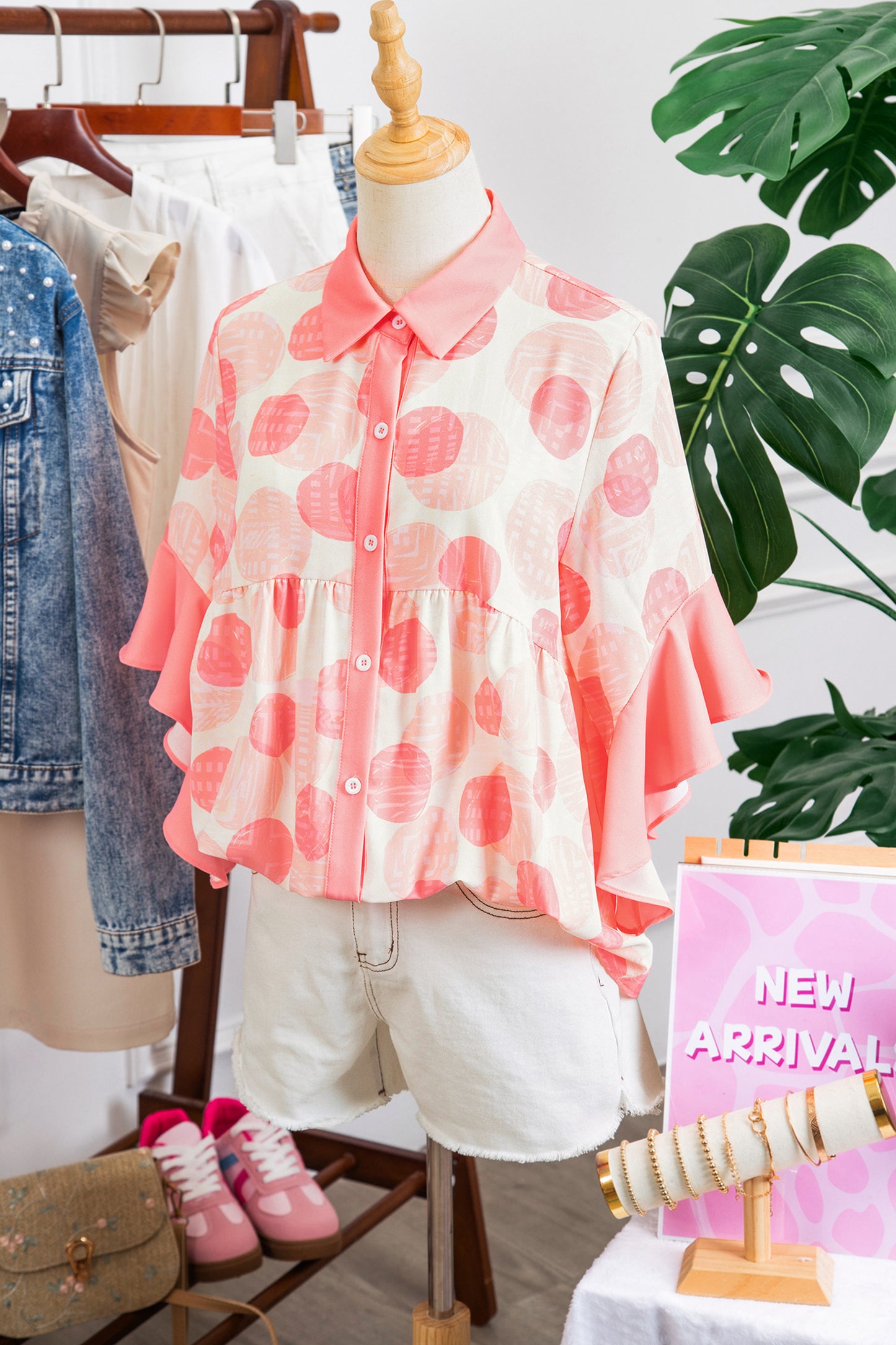 Pink Double Polka Dot Printed Ruffle Trim Short Sleeve Babydoll Shirt-Tops/Blouses & Shirts-[Adult]-[Female]-2022 Online Blue Zone Planet