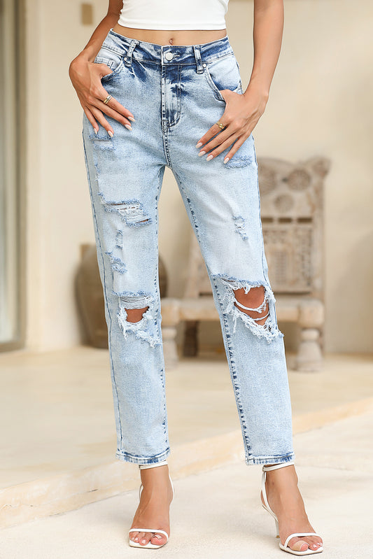 Sky Blue Light Wash Frayed Slim Fit High Waist Jeans-Jeans-[Adult]-[Female]-Sky Blue-6-2022 Online Blue Zone Planet