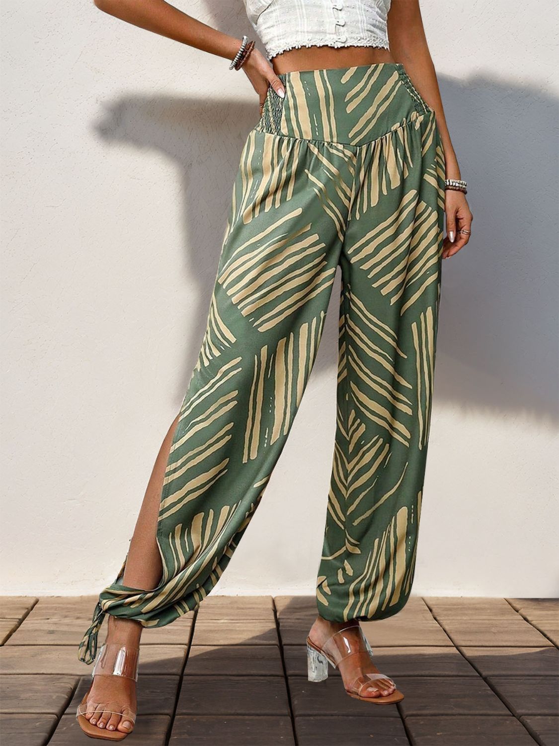 Smocked Slit Printed High Waist Pants-BOTTOMS SIZES SMALL MEDIUM LARGE-[Adult]-[Female]-Moss-S-2022 Online Blue Zone Planet