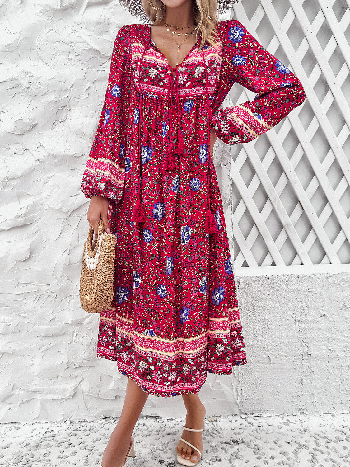 Raven's Tassel Tied Boho Printed Long Sleeve Midi Dress BLUE ZONE PLANET