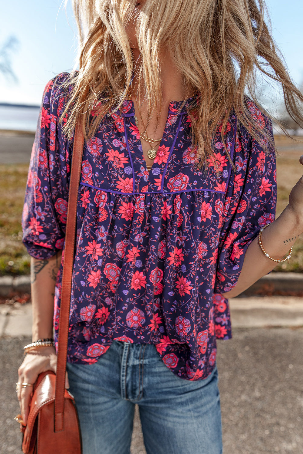 Blue Zone Planet | Purple Floral Half Sleeve Split Neck Blouse Top-Tops/Blouses & Shirts-[Adult]-[Female]-2022 Online Blue Zone Planet