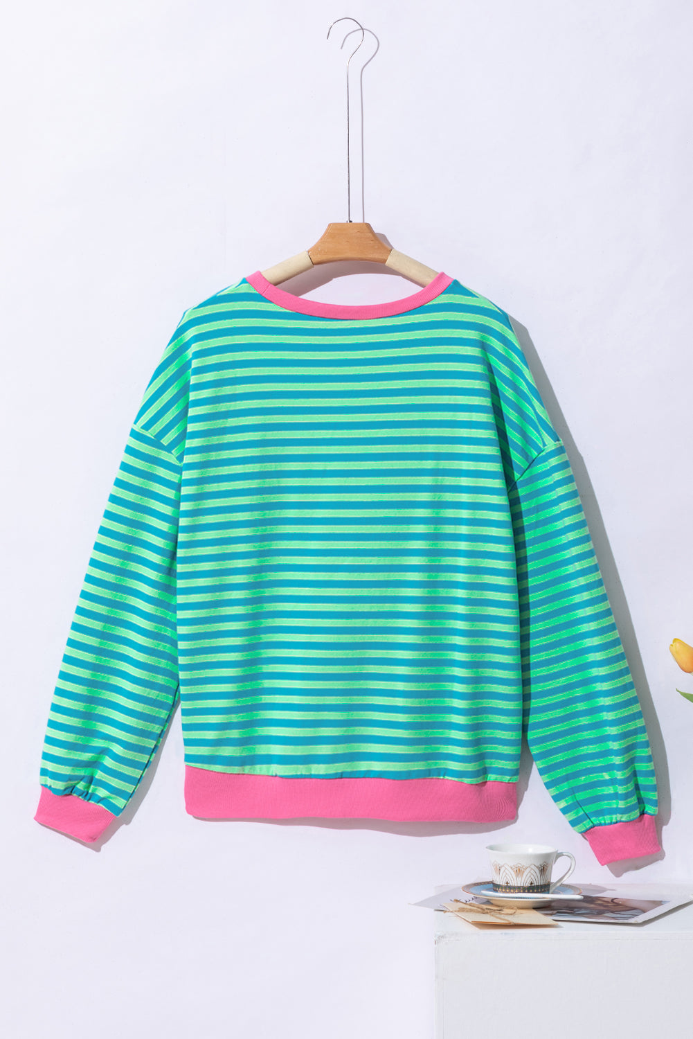 Sky Blue Stripe Oversized Contrast Trim Pullover Sweatshirt-Tops/Sweatshirts & Hoodies-[Adult]-[Female]-2022 Online Blue Zone Planet