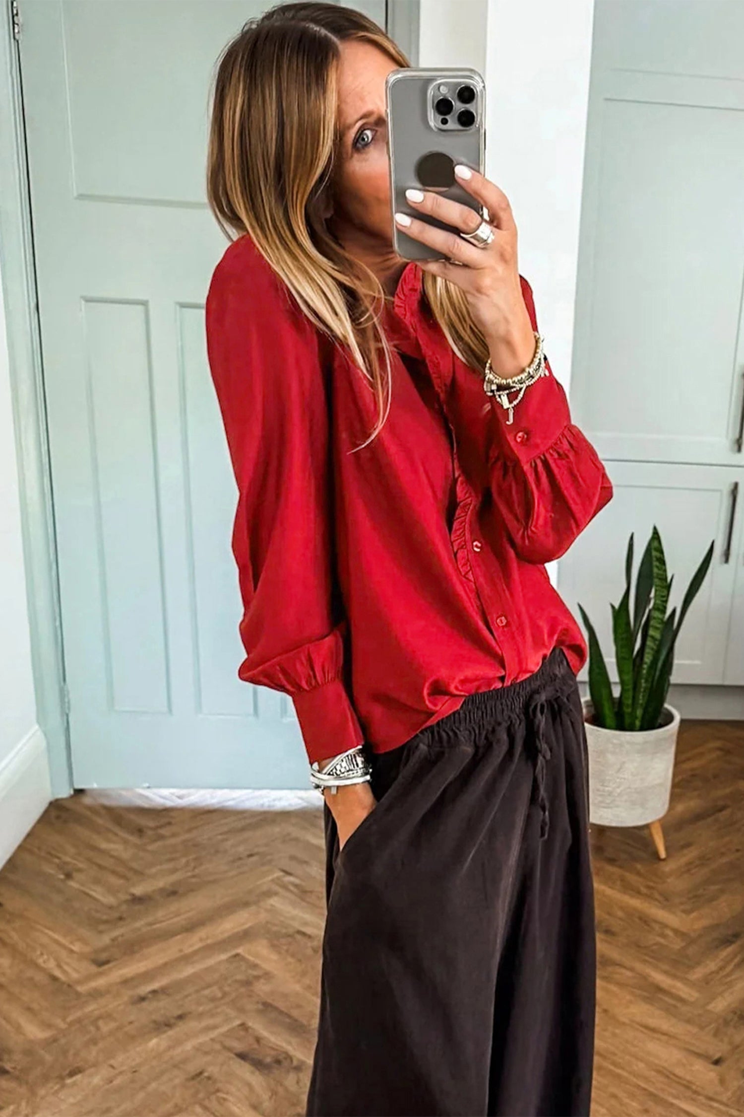 Fiery Red Frilled Trim Button Up Pleated Long Sleeve Shirt-Tops/Blouses & Shirts-[Adult]-[Female]-2022 Online Blue Zone Planet