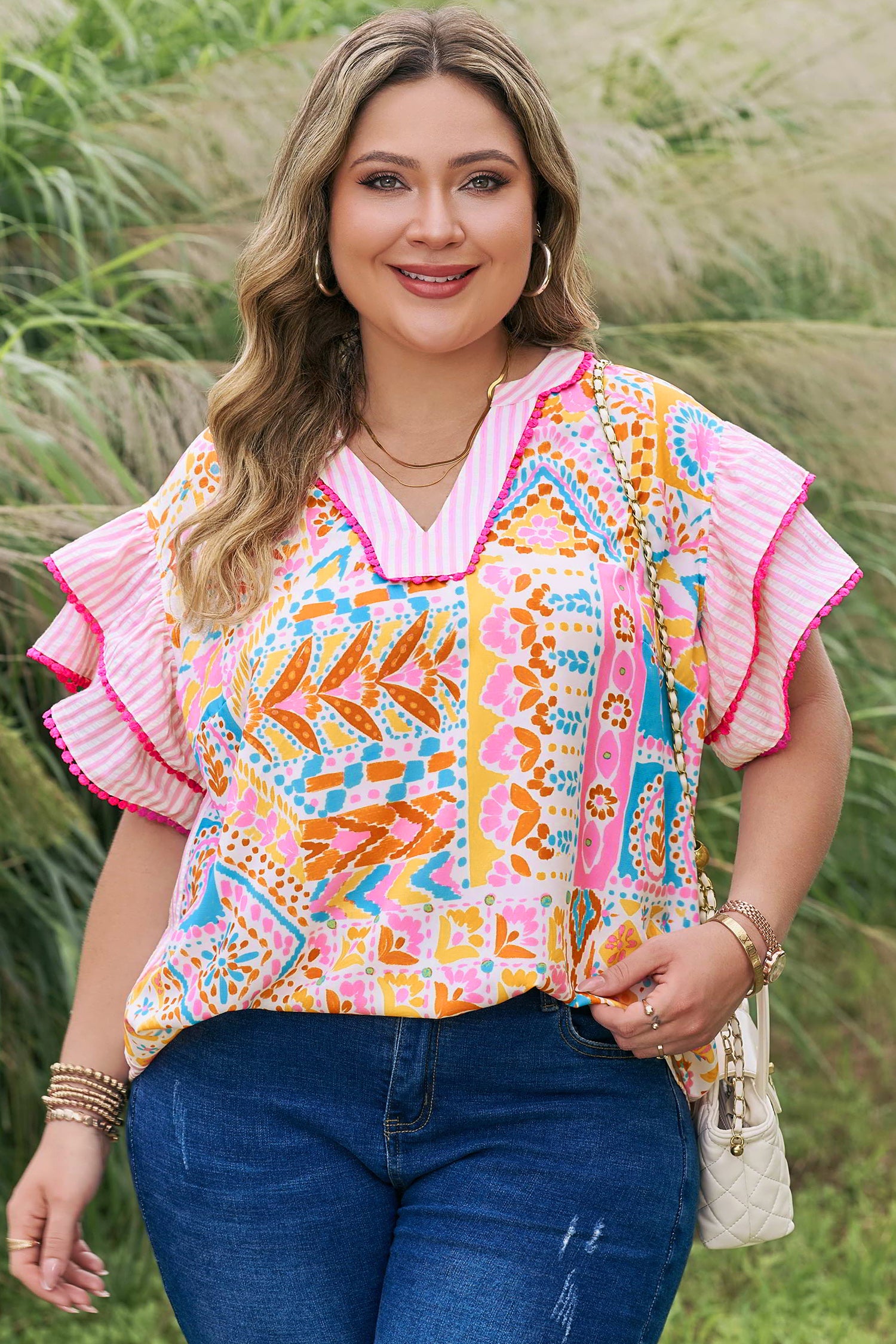 Rose Plus Size Geometric Print Contrast Trim Striped V Neck Blouse-Plus Size/Plus Size Tops/Plus Size Blouses & Shirts-[Adult]-[Female]-2022 Online Blue Zone Planet