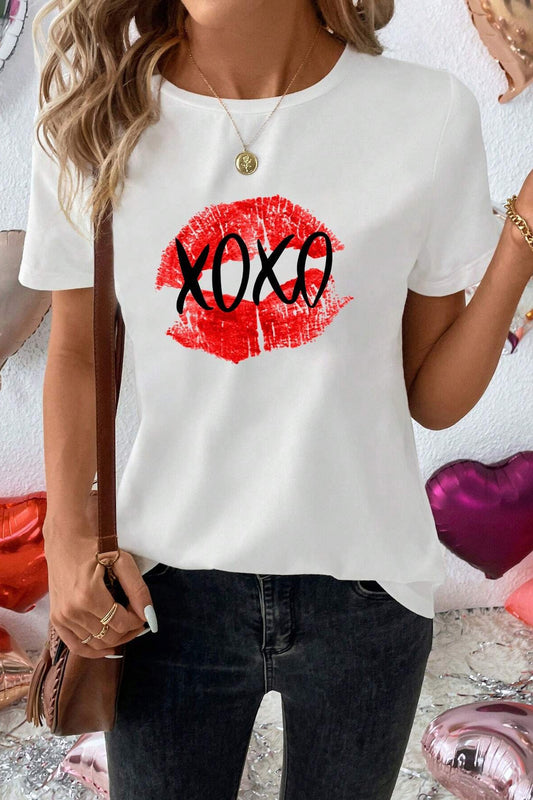 XOXO Lip Graphic Round Neck T-Shirt-TOPS / DRESSES-[Adult]-[Female]-White-S-2022 Online Blue Zone Planet