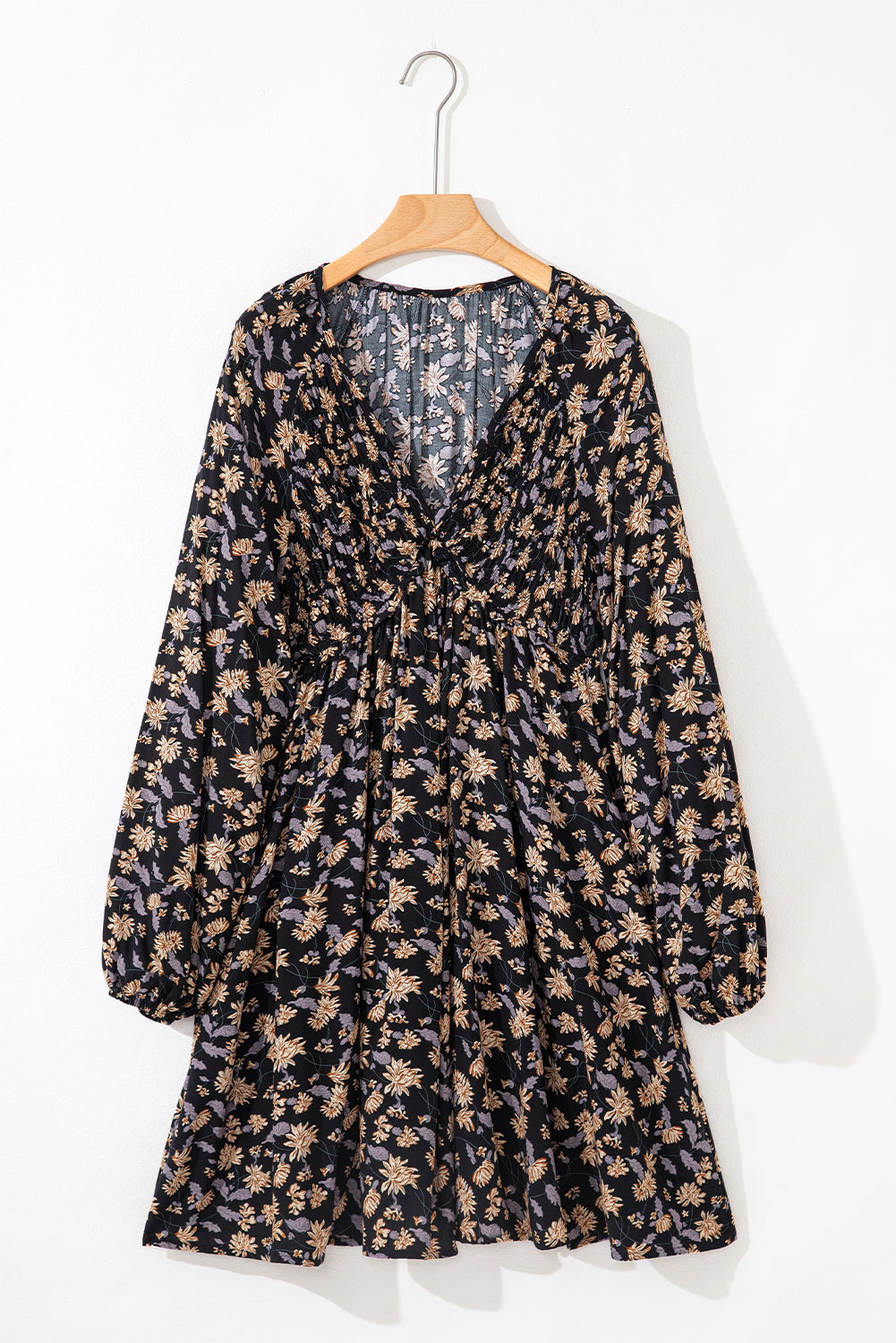 Floral Deep V Neck Smocked Bust Bubble Sleeve Babydoll Dress Black / L Floral Deep V Neck Smocked Bust Bubble Sleeve Babydoll Dress Black / L