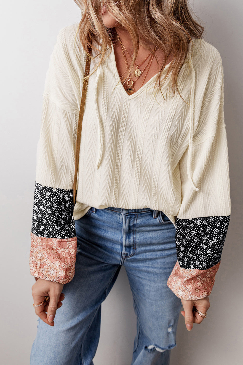 Blue Zone Planet | Dusty Pink Floral Patchwork Textured Knit Drawstring V Neck Blouse-Tops/Blouses & Shirts-[Adult]-[Female]-2022 Online Blue Zone Planet