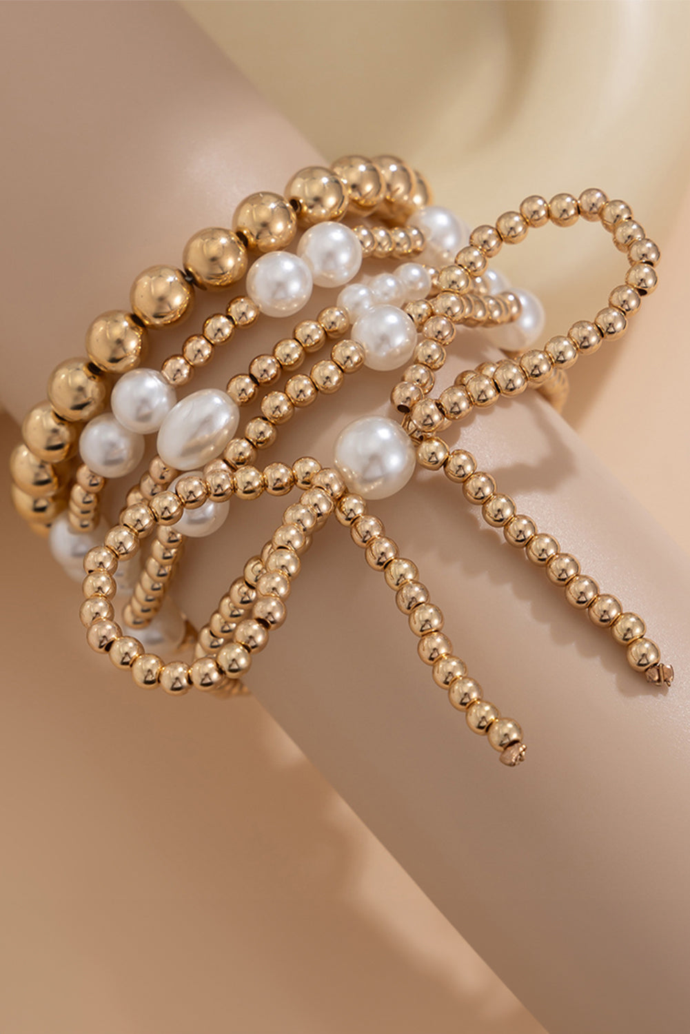 Gold Bow Knot Pearl Beaded Multi Layered Bracelet Set-Accessories/Jewelry-[Adult]-[Female]-2022 Online Blue Zone Planet