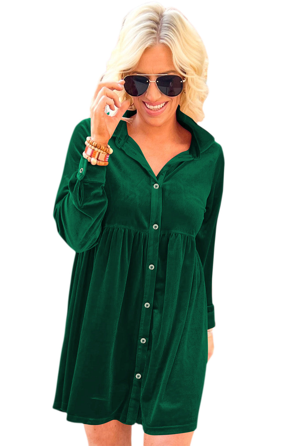 Blue Zone Planet | Green Long Sleeve Ruffle Velvet Button Up Dress-TOPS / DRESSES-[Adult]-[Female]-2022 Online Blue Zone Planet