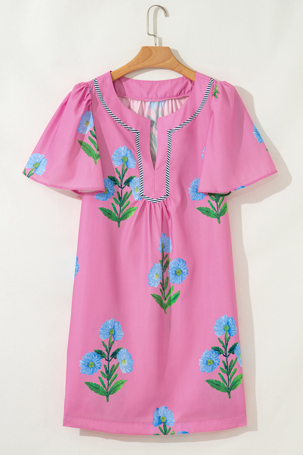 Rose Floral Short Sleeve Split Neck Loose Mini Dress-TOPS / DRESSES-[Adult]-[Female]-2022 Online Blue Zone Planet