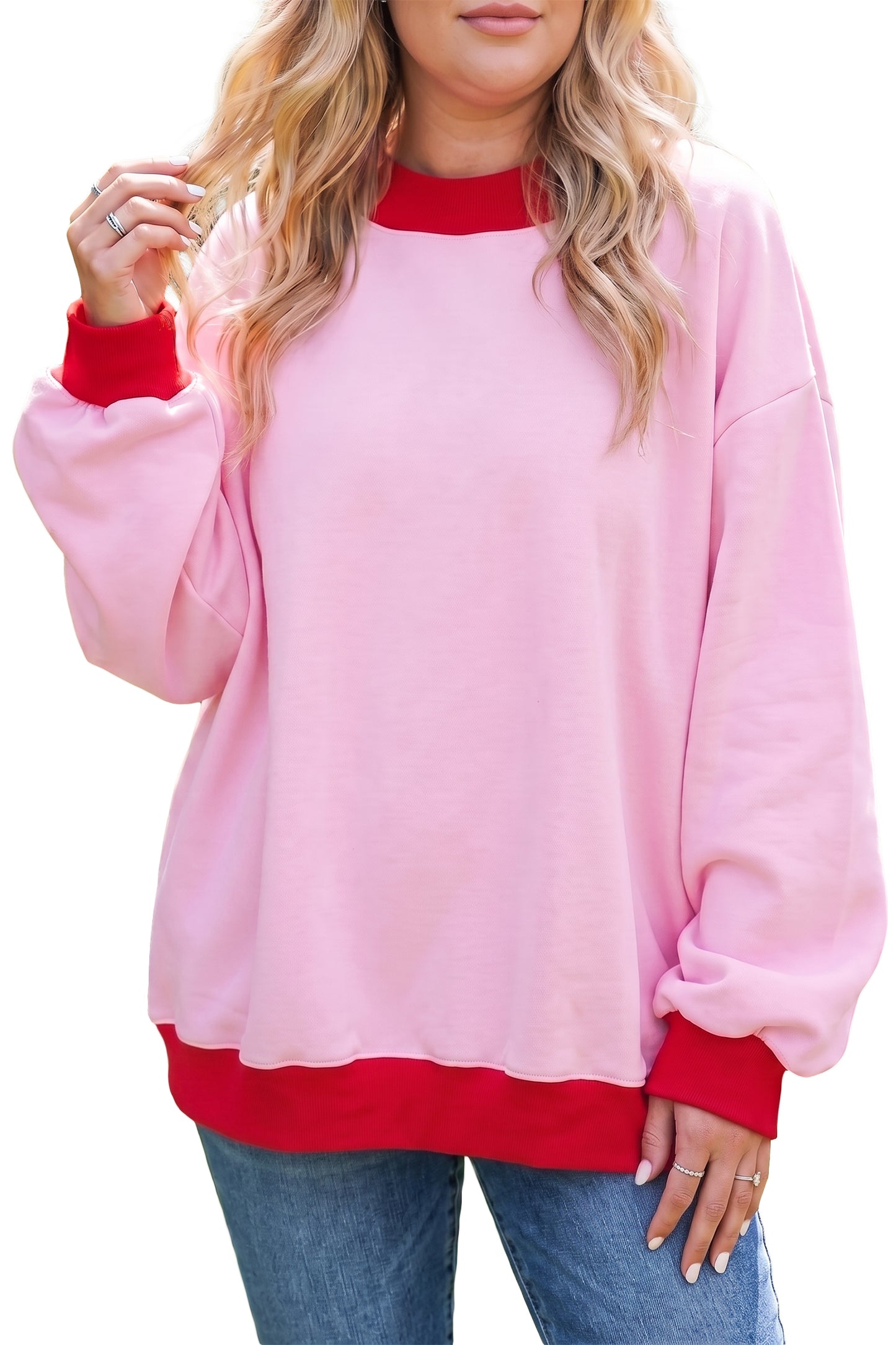 Pink Color Block Contrast Trim Plus Size Sweatshirt-Plus Size/Plus Size Sweatshirts & Hoodies-[Adult]-[Female]-2022 Online Blue Zone Planet